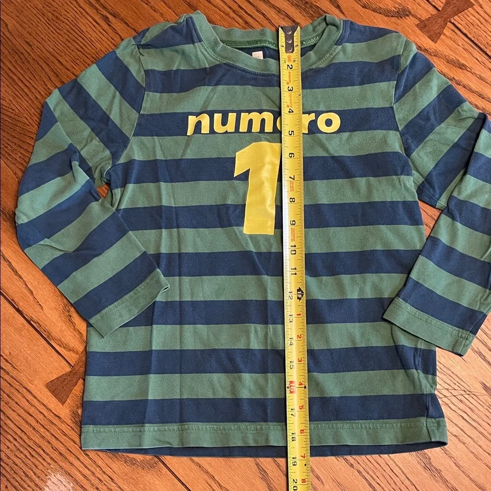 Tea Collection Kids LS Shirt, Navy/Green Stripes and yellow graphic size 7